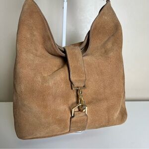 India Hicks Tan Suede Edwina Hobo Bag Purse with Gold-Tone Hardware